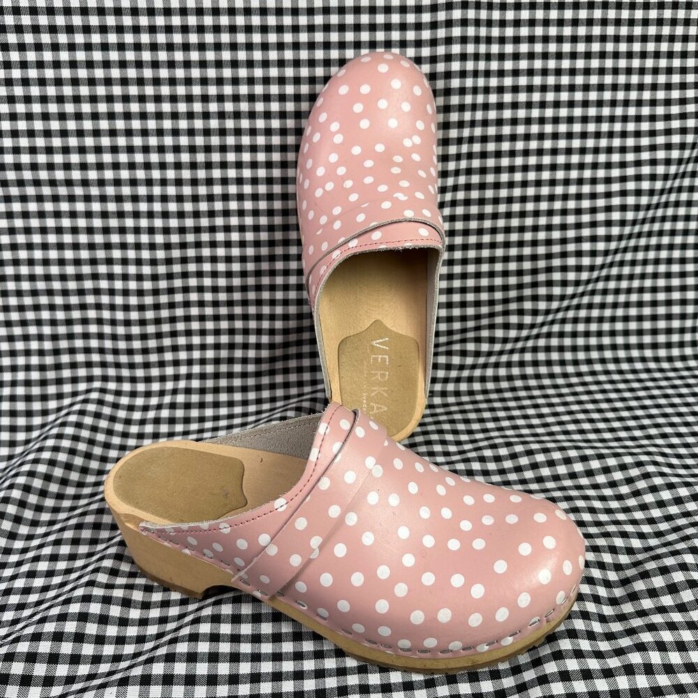 Verka Ledig Pink Polka Dot Swedish Cottagecore Wooden Clog Size EU 37 / US 6.5